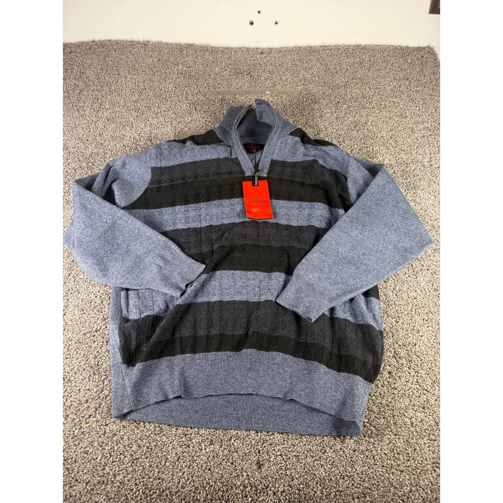 NWT Studio Ferera Quarter Zip Sweater Mens Blue Black Striped Knit Pullover - XL